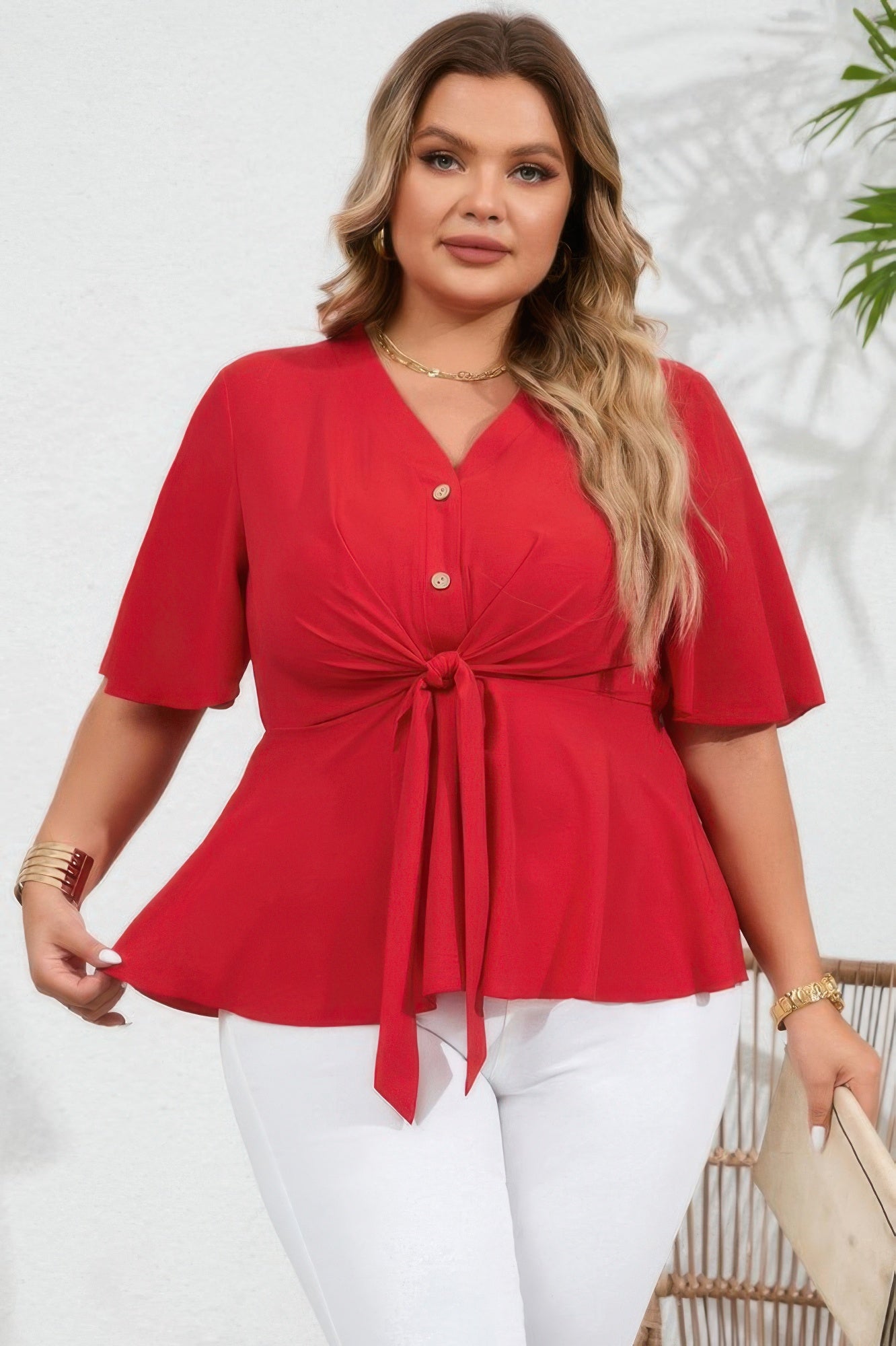 Plus Solid Butterfly Sleeve Knot Front Peplum Shirt - Wear Arielle