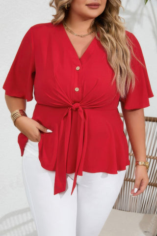 Plus Solid Butterfly Sleeve Knot Front Peplum Shirt - Wear Arielle