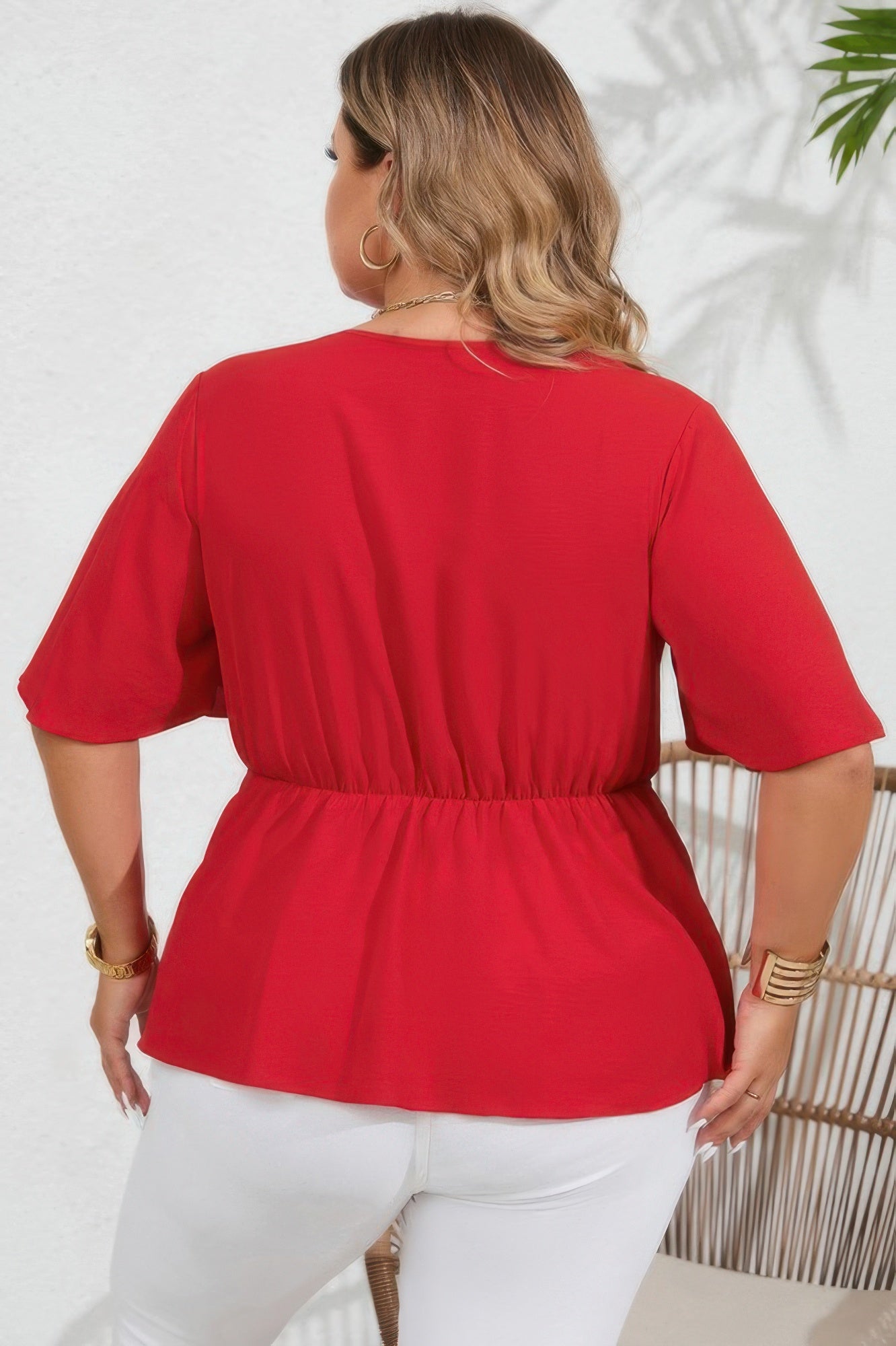 Plus Solid Butterfly Sleeve Knot Front Peplum Shirt - Wear Arielle