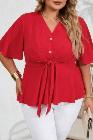 Plus Solid Butterfly Sleeve Knot Front Peplum Shirt - Wear Arielle