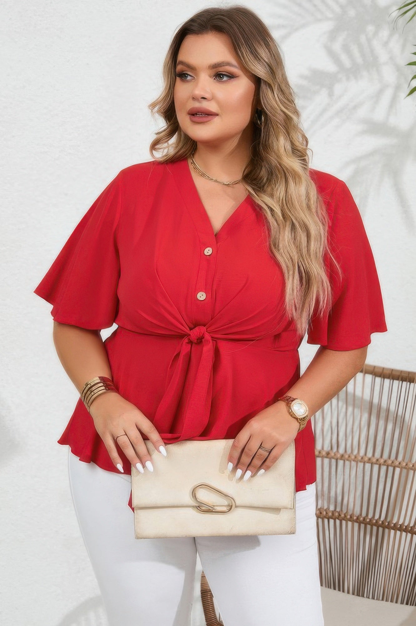 Plus Solid Butterfly Sleeve Knot Front Peplum Shirt - Wear Arielle