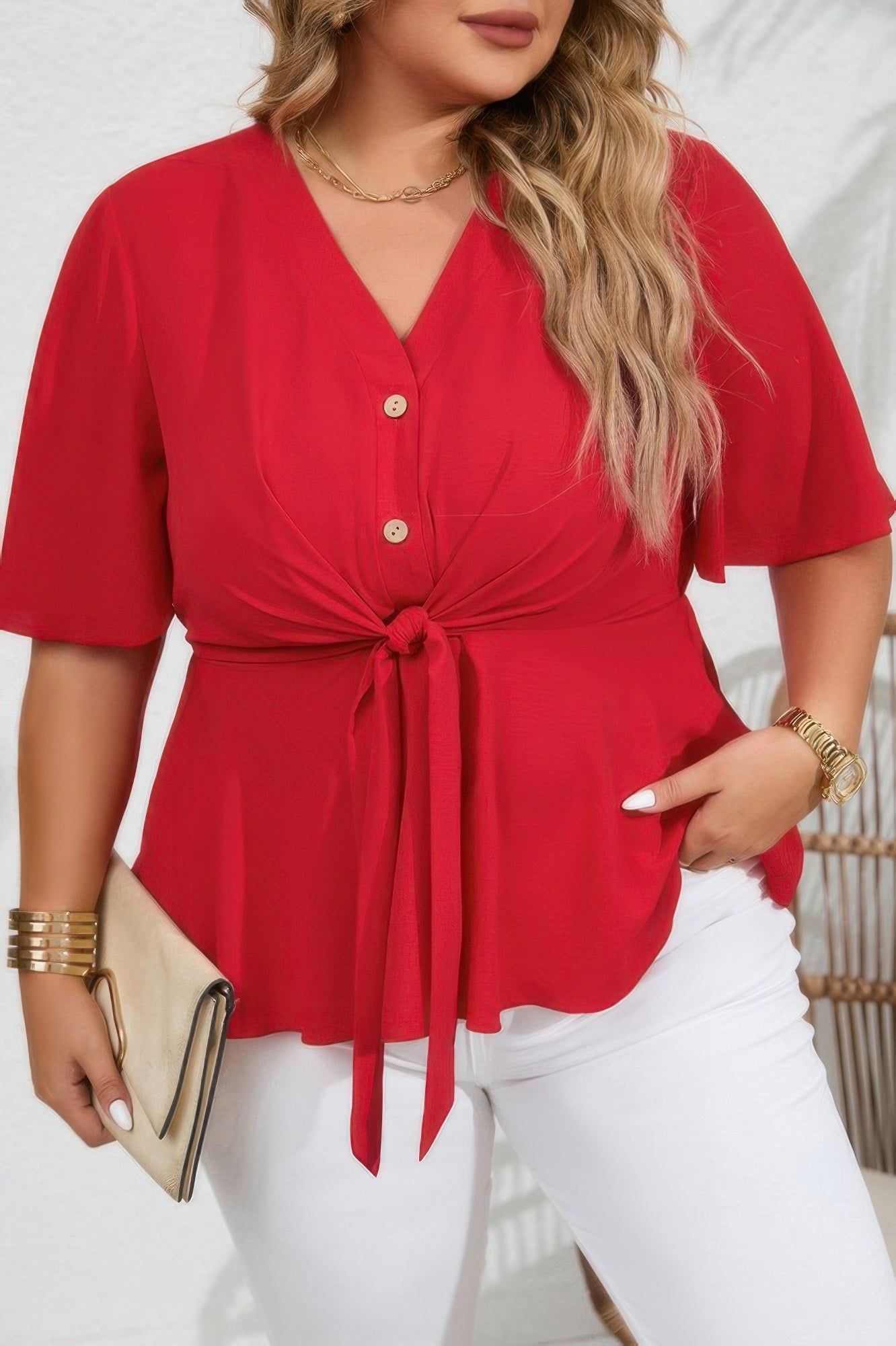 Plus Solid Butterfly Sleeve Knot Front Peplum Shirt - Wear Arielle
