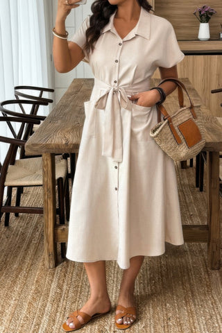 Plus Solid Button Down Straight Belted Shirt Dress - Wear Arielle