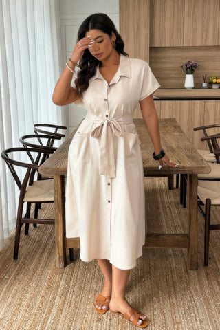 Plus Solid Button Down Straight Belted Shirt Dress - Wear Arielle