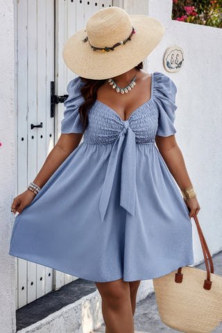 Plus Solid Front Knot Short Puff Sleeve Fit Dress - Wear Arielle