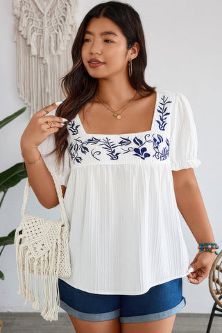 Plus Square Neck Floral Print Pleasted Puff Blouse - Wear Arielle