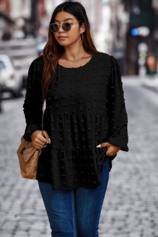 Plus Swiss Dot Round Neck Ruffle Hem Blouse - Wear Arielle