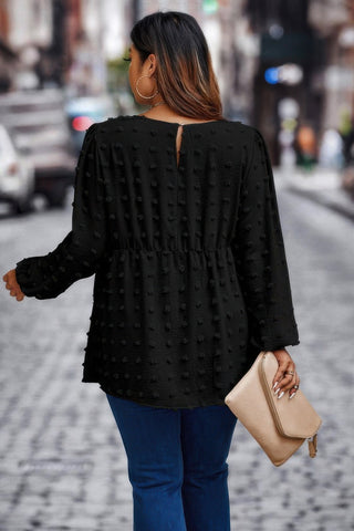 Plus Swiss Dot Round Neck Ruffle Hem Blouse - Wear Arielle