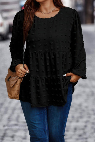 Plus Swiss Dot Round Neck Ruffle Hem Blouse - Wear Arielle