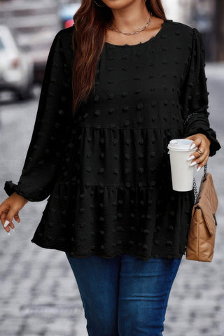 Plus Swiss Dot Round Neck Ruffle Hem Blouse - Wear Arielle