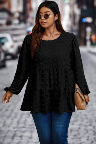 Plus Swiss Dot Round Neck Ruffle Hem Blouse - Wear Arielle