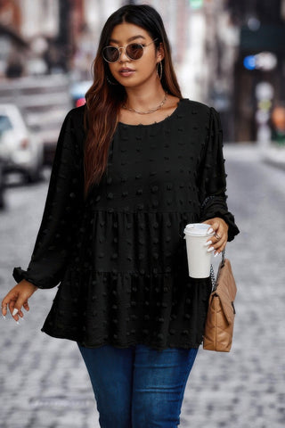 Plus Swiss Dot Round Neck Ruffle Hem Blouse - Wear Arielle