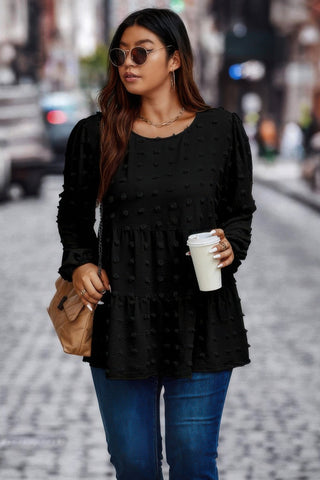 Plus Swiss Dot Round Neck Ruffle Hem Blouse - Wear Arielle