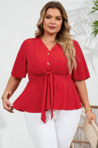 Plus Tie Front Half Button V Neck Solid Blouse - Wear Arielle
