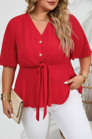 Plus Tie Front Half Button V Neck Solid Blouse - Wear Arielle