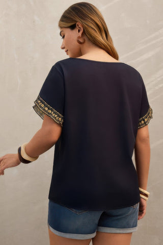 Plus Tropical Print Ruffle Hem Sleeve Blouse - Wear Arielle