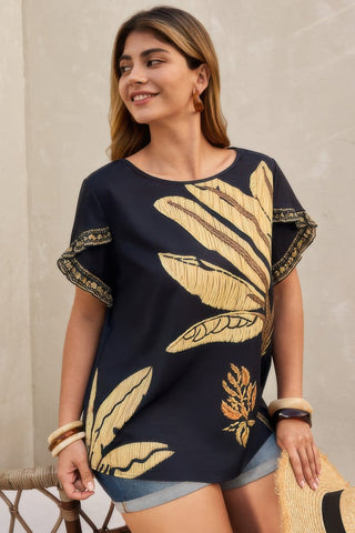 Plus Tropical Print Ruffle Hem Sleeve Blouse - Wear Arielle