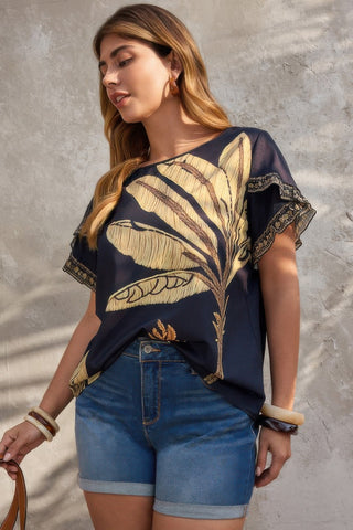 Plus Tropical Print Ruffle Hem Sleeve Blouse - Wear Arielle