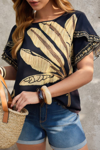 Plus Tropical Print Ruffle Hem Sleeve Blouse - Wear Arielle