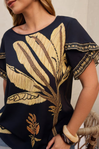 Plus Tropical Print Ruffle Hem Sleeve Blouse - Wear Arielle