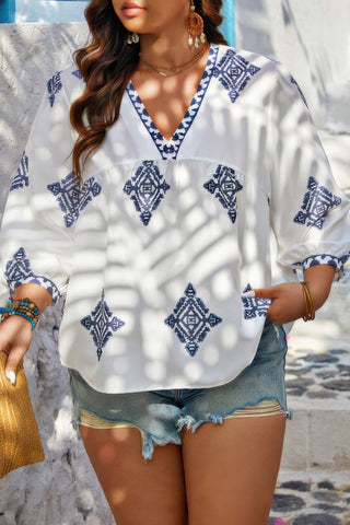 Plus V Neck Geometric Printed Embroidered Peplum Shirt - Wear Arielle