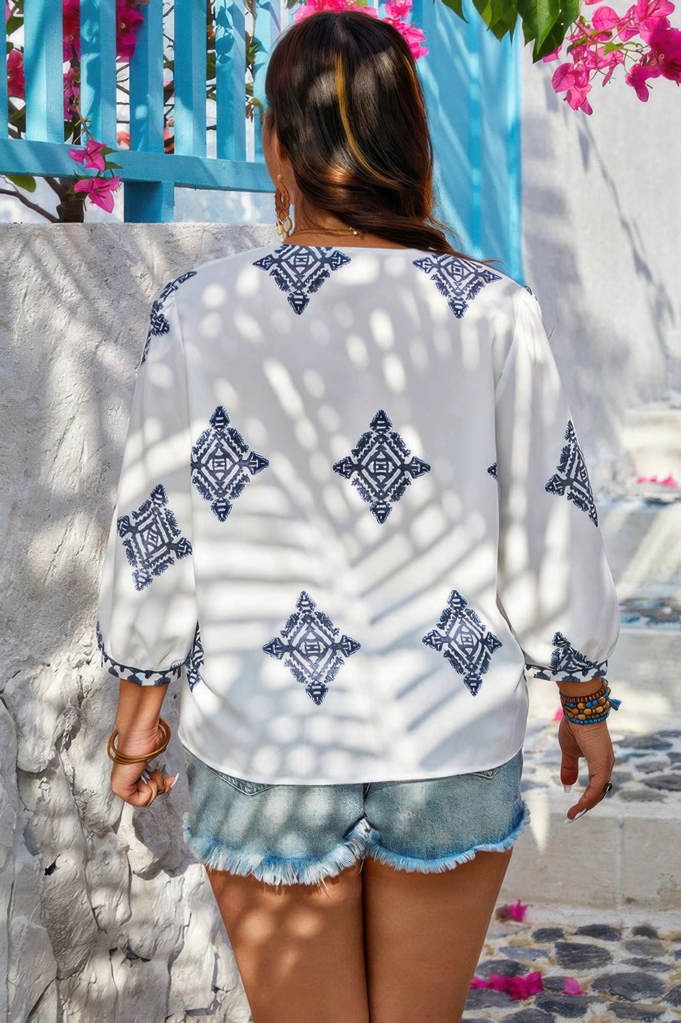 Plus V Neck Geometric Printed Embroidered Peplum Shirt - Wear Arielle