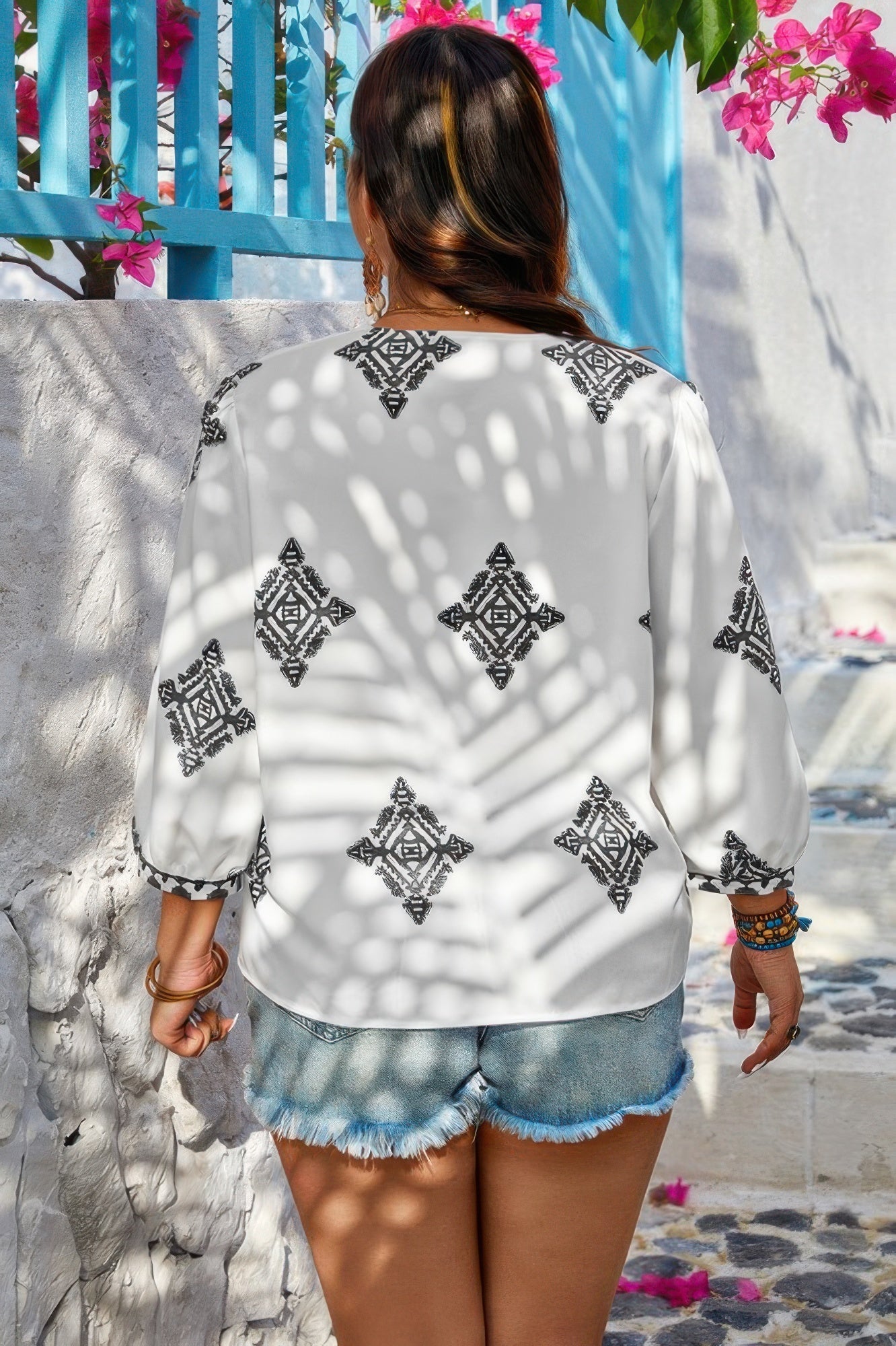 Plus V Neck Geometric Printed Embroidered Peplum Shirt - Wear Arielle