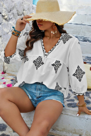 Plus V Neck Geometric Printed Embroidered Peplum Shirt - Wear Arielle