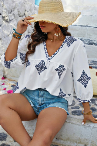 Plus V Neck Geometric Printed Embroidered Peplum Shirt - Wear Arielle