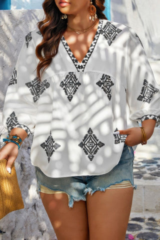 Plus V Neck Geometric Printed Embroidered Peplum Shirt - Wear Arielle