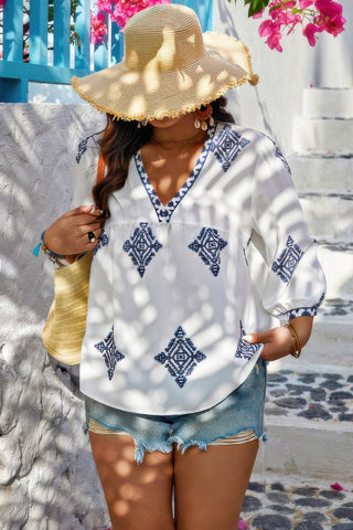 Plus V Neck Geometric Printed Embroidered Peplum Shirt - Wear Arielle