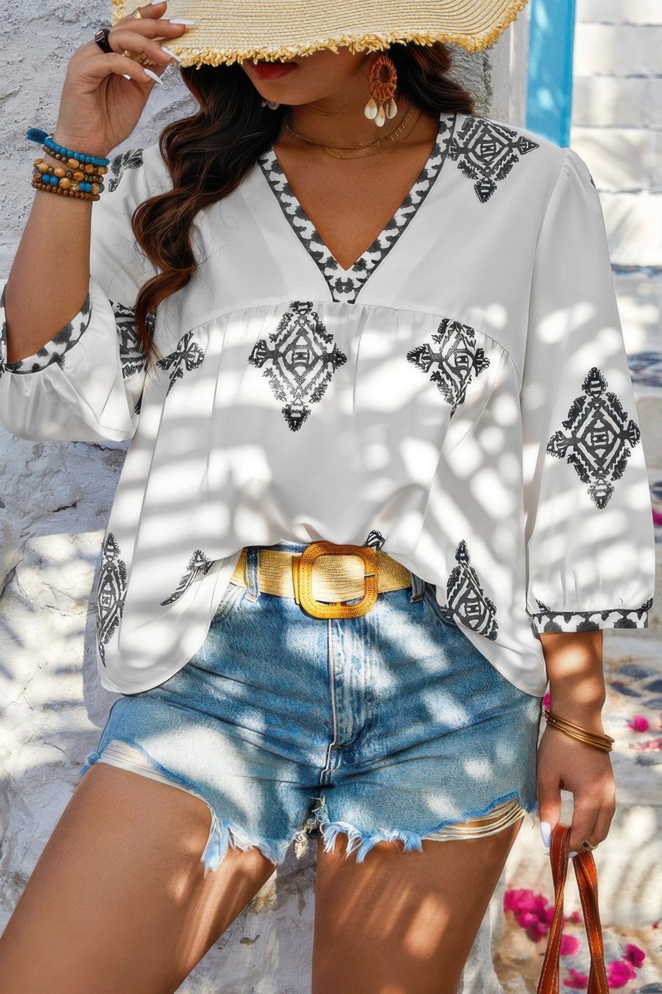 Plus V Neck Geometric Printed Embroidered Peplum Shirt - Wear Arielle