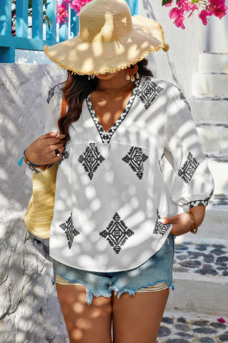 Plus V Neck Geometric Printed Embroidered Peplum Shirt - Wear Arielle