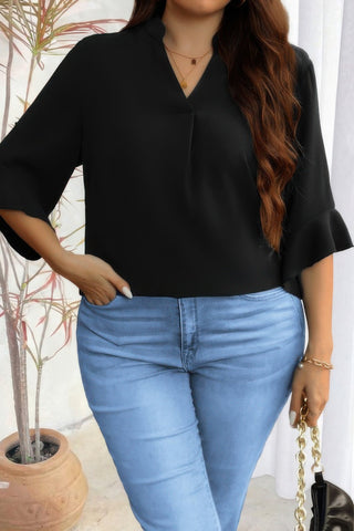 Plus V Neck Ruffle Half Sleeves Loose Blouse - Wear Arielle