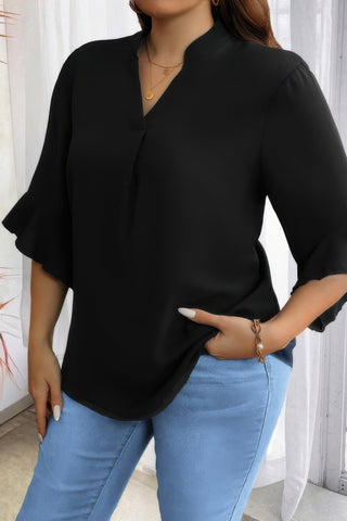 Plus V Neck Ruffle Half Sleeves Loose Blouse - Wear Arielle