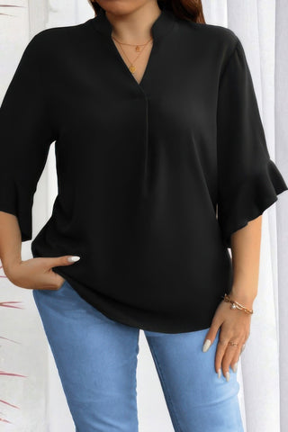 Plus V Neck Ruffle Half Sleeves Loose Blouse - Wear Arielle