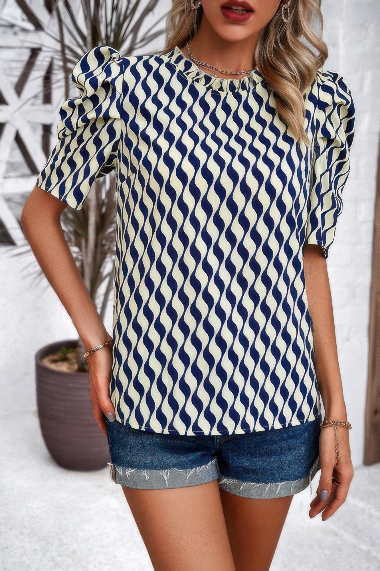 Puff Sleeves Allover Print Knot Loose Fit Top - Wear Arielle