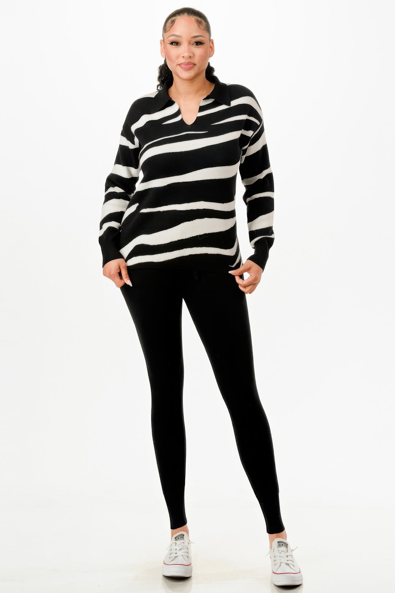 Pullover Collared V - neck Sweater Top And Pant Set - Wear Arielle
