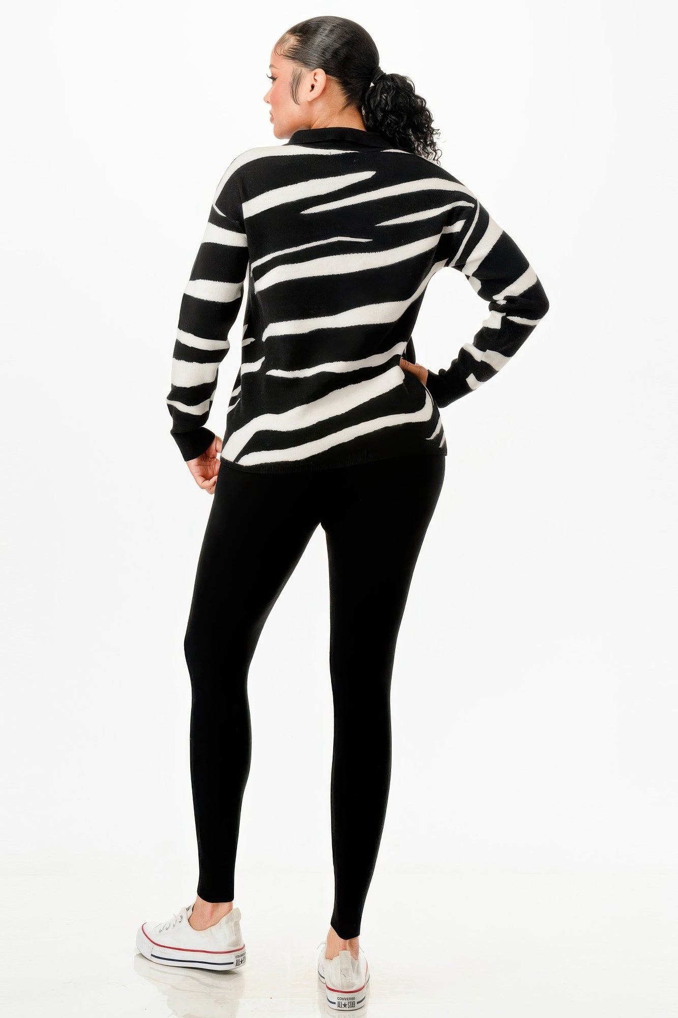Pullover Collared V - neck Sweater Top And Pant Set - Wear Arielle