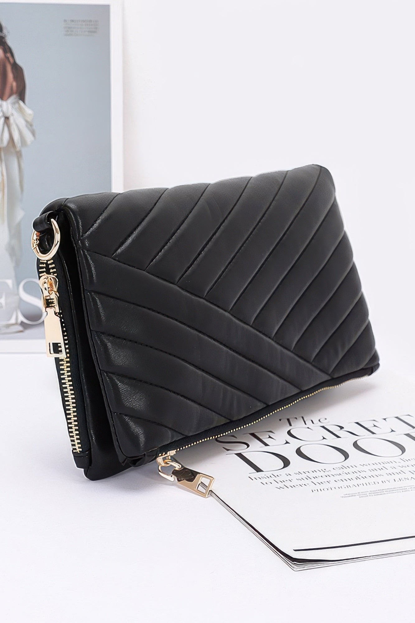 Quilted Faux Leather Half Folded Cltuch - Wear Arielle