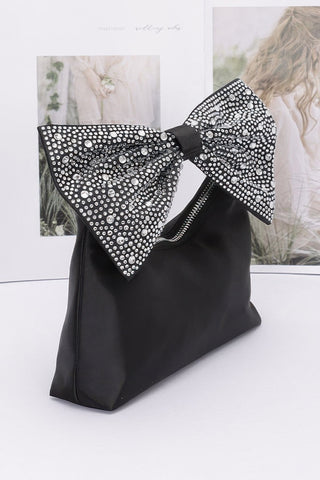 Rhinestone Hotfix Bow Handle Nylon Clutch - Wear Arielle