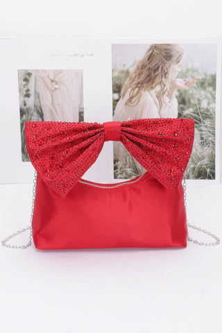 Rhinestone Hotfix Bow Handle Nylon Clutch - Wear Arielle