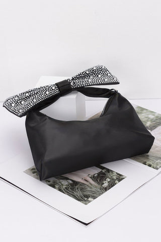 Rhinestone Hotfix Bow Handle Nylon Clutch - Wear Arielle
