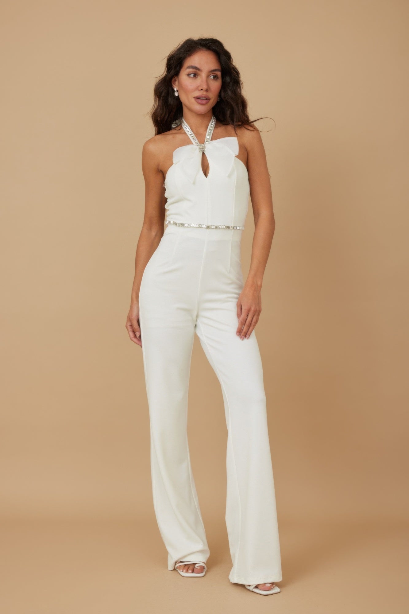 Rhinestone Ribbon Haltered Neck Jumpsuit - Wear Arielle