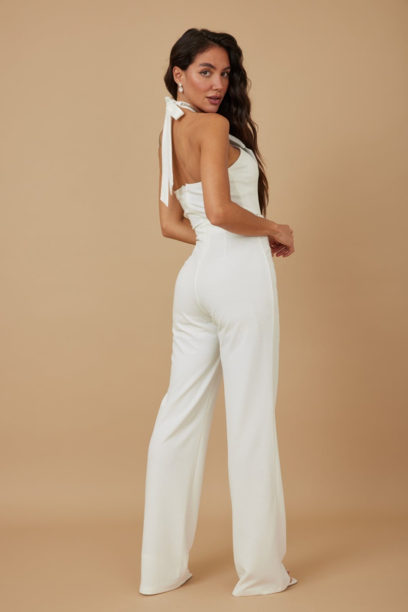 Rhinestone Ribbon Haltered Neck Jumpsuit - Wear Arielle