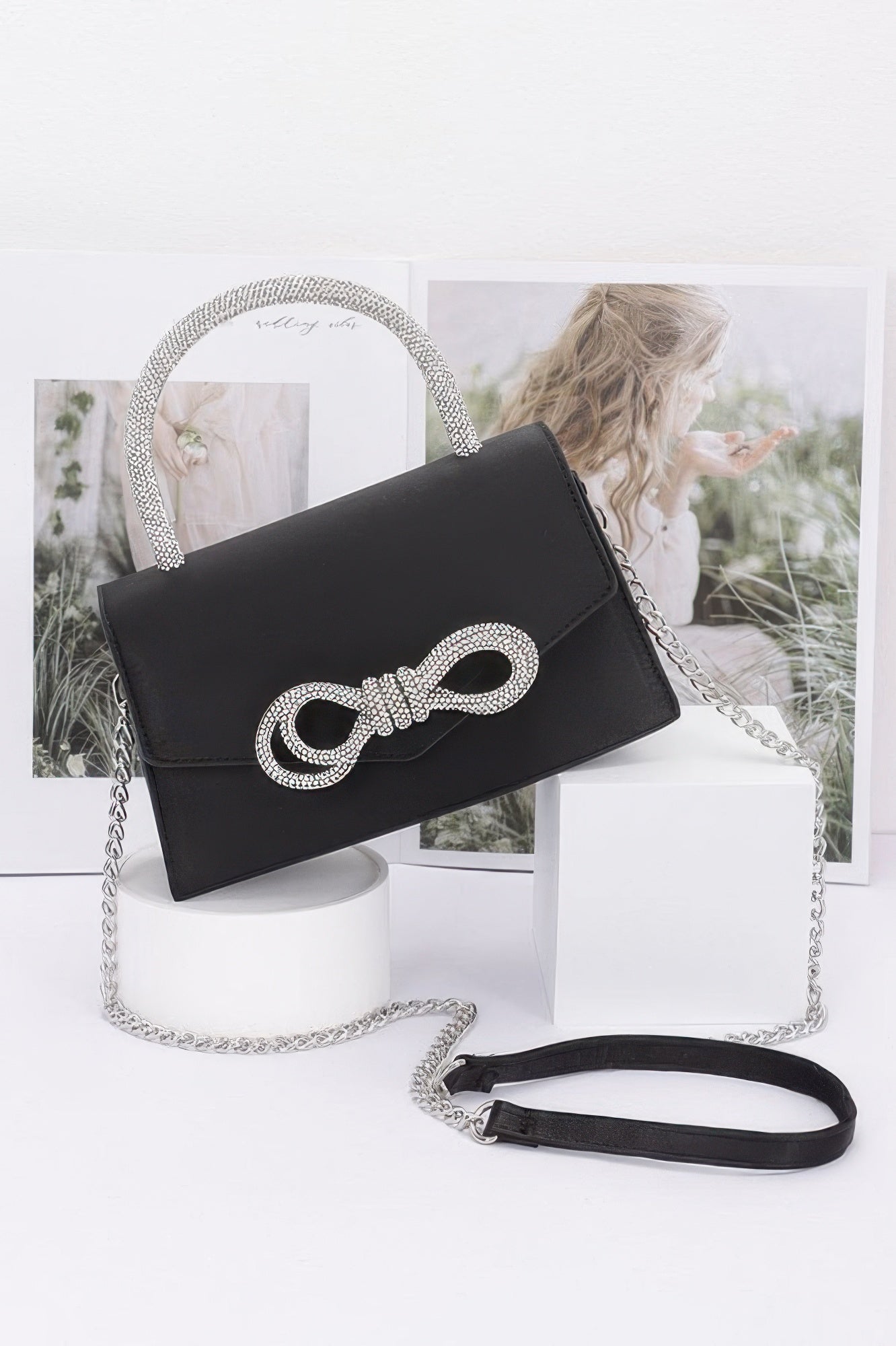 Rhinestone Ribbon Handle Flap Bag - Wear Arielle