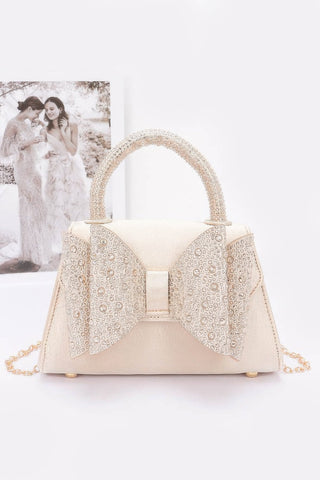 Rhinestone Ribbon Top Handle Satin Flap Bag - Wear Arielle