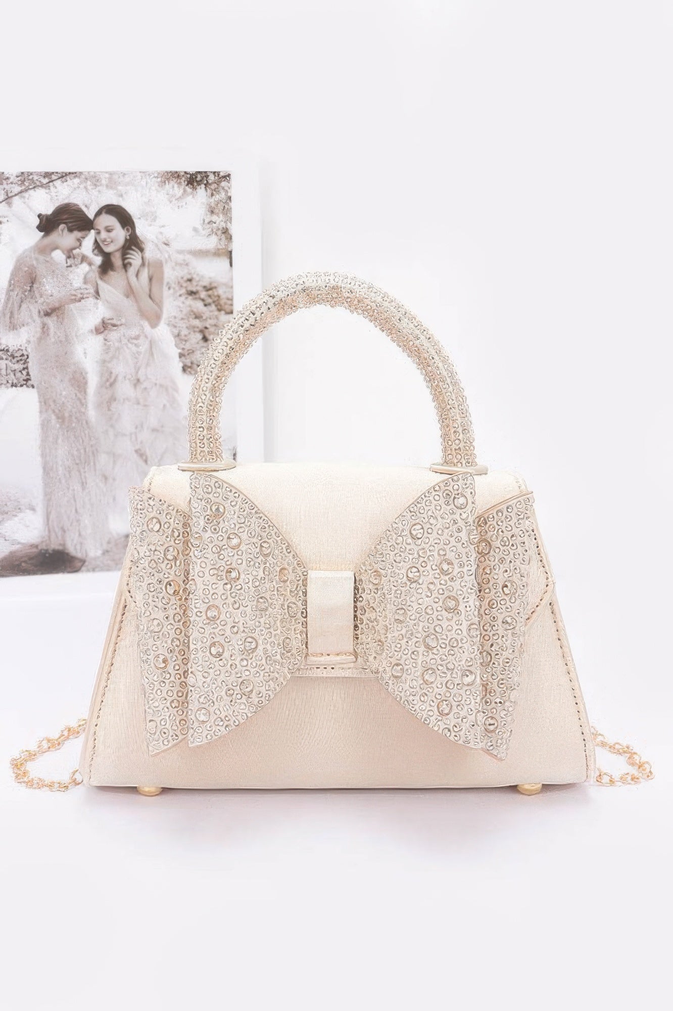 Rhinestone Ribbon Top Handle Satin Flap Bag - Wear Arielle