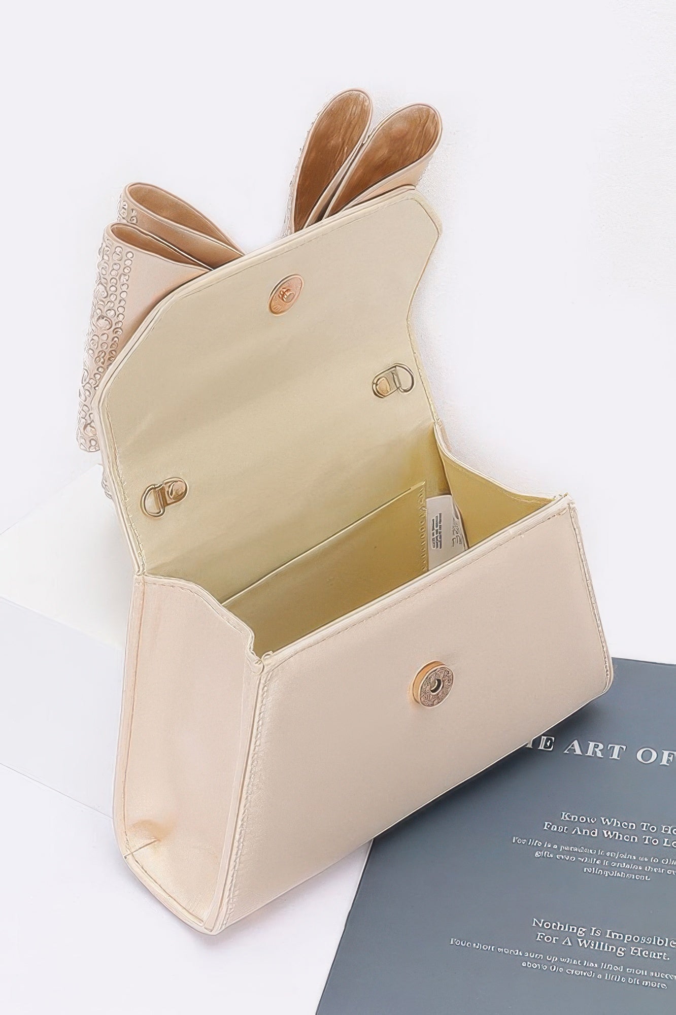 Rhinestone Ribbon Top Handle Satin Flap Bag - Wear Arielle