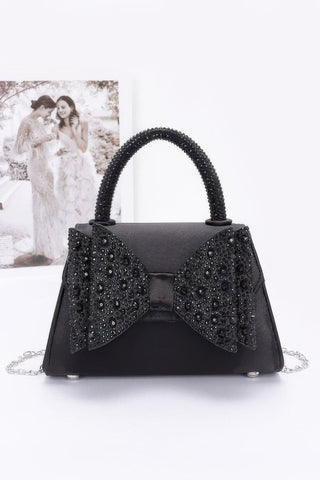 Rhinestone Ribbon Top Handle Satin Flap Bag - Wear Arielle